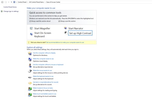 Ease of Access Center accessibility options in Windows 8