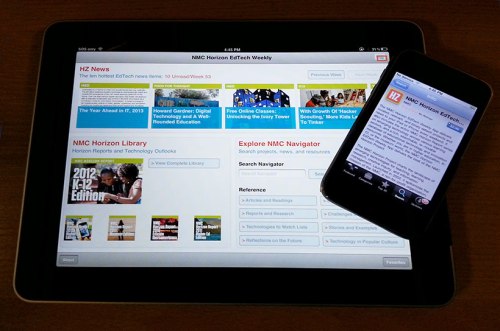 New Media Consortium's EdTech App displayed on an iPhone and iPad